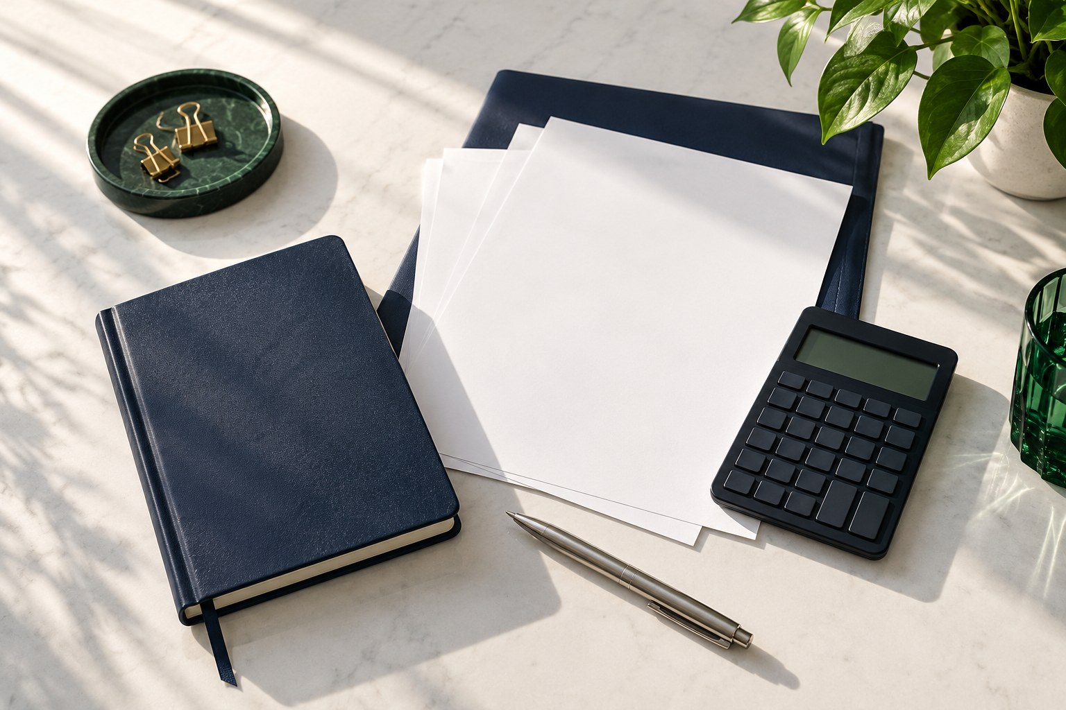 An organised workspace with a notebook, calculator and pen